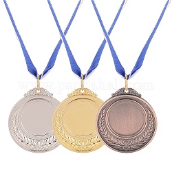 スポーツメダル亜鉛合金ペンダントカボションセッティング  ネックポリエステルリボン付き  フラットラウンド  ミックスカラー  31.4インチ（80cm）  3色  4個/カラー  12個/セット