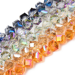 Гальванизируйте прозрачное стекло бисер нитей, с покрытием AB цвета, граненые, диагональные кубические бусины, разноцветные, 8.5x9.5x9.5 мм, отверстие : 1.5 мм, около 80 шт / нитка, 25.98 дюйм (66 см)