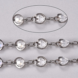 Chaînes de perles de verre faites à la main de 3.28 pied, avec maillons en laiton plaqué longue durée, soudé, clair, gunmetal, 10x6~6.5x4mm