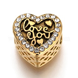 Placage ionique (ip) 304 perles européennes en acier inoxydable, Perles avec un grand trou   , avec strass, coeur avec mot t'aime, pour la Saint Valentin, rose clair, or, 12x12x7mm, Trou: 4mm