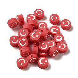 Perles en pâte polymère manuel, plat rond avec motif de lune, rouge indien, 9x4.5mm, Trou: 1.6mm