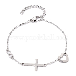 Cross & Heart & Infinity 304 Stainless Steel Link Chain Bracelets with Cable Chains, Stainless Steel Color, 7-1/8 inch(18cm)