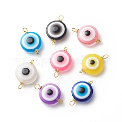 Breloques de connecteur en résine transparente mauvais œil, avec perles d'espacement en alliage et doubles boucles en fer, couleur mixte, plat rond, or, 32x20~20.5x9~9.5mm, trou: 1.8 mm et 3.5 mm