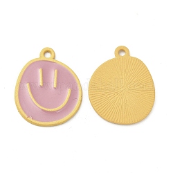 Spray Painted Alloy Pendants, Cadmium Free & Nickel Free & Lead Free, Flat Round with Smiling Face Pattern Charm, Orange, 25x20x1.5mm, Hole: 2mm