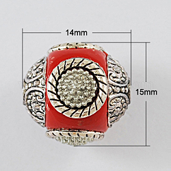 Handmade Indonesia Beads, with Alloy Cores, Round, Red, 15x14mm, Hole: 2mm