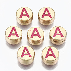 Alloy Enamel Beads, Cadmium Free & Lead Free, Flat Round with Initial Letters, Light Gold, Camellia, Letter.A, 8x4mm, Hole: 1.5mm