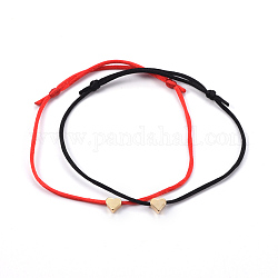 Nylon Thread Cords Bracelets, with Brass Beads, Lead Free & Cadmium Free, Heart, Golden, 1-5/8 inch~3-1/8 inch(4~8cm), 2pcs/set