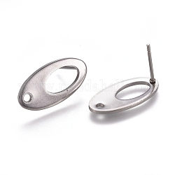 Accessoires de puces d'oreilles en 304 acier inoxydable, ovale, couleur inoxydable, 18.5x9.5x1mm, Trou: 1.5mm, pin: 0.8 mm