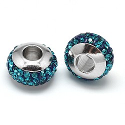Unterlegscheibe 304 aus rostfreiem Stahl Polymer Ton Strass europäischen Perlen, mit Doppelseitenplatinfarbe Kern, Edelstahl Farbe, Blau Zirkonia, 10x6 mm, Bohrung: 4 mm