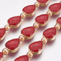 Opache perle di vetro fili, sfaccettato, con bordo in ottone dorato, a goccia e tondo, rosso, 18x12.5~13x7~7.5mm, Foro: 1 mm, circa 10pcs/filo, 9 pollice (23 cm)