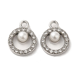 Lega con pendenti in strass, con abs imitazione perla, ciondoli ad anello, platino, 18x14x6mm, Foro: 2 mm