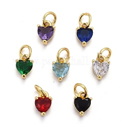 Brass Micro Pave Cubic Zirconia Charms, Long-Lasting Plated, Real 18K Gold Plated, Heart, Mixed Color, 8x5x3.5mm, Hole: 3mm