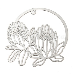 201 Stainless Steel Pendants, Etched Metal Embellishments, Flower Charm, Stainless Steel Color, 37.5x39.5x0.2mm, Hole: 1.6mm