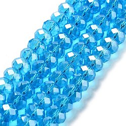 Glass Beads Strands, Pearl Luster Plated, Crystal Suncatcher, Faceted Rondelle, Deep Sky Blue, 12x8mm, Hole: 1mm, about 68~70pcs/strand, 22.83 inch~23.23 inch(58~59cm)