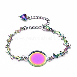 Rainbow Color 304 Stainless Steel Bracelet Making, with Lobster Claw Clasps, Dolphin Link Chains and Flat Round Cabochon Settings, Tray: 16mm, 5-7/8 inch(14.8cm)