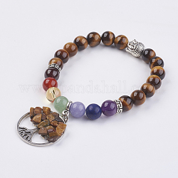 Chakra gioielli perline di pietre preziose naturali e bracciale con ciondoli occhio di tigre, con perline di stile tibetano, piatta e rotonda con l'albero della vita, 2 pollice (50 mm)