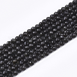 Chapelets de perles en obsidienne noire naturelle, facette, ronde, 3mm, Trou: 0.8mm, Environ 139~142 pcs/chapelet, 14.9 pouce ~ 15.3 pouces