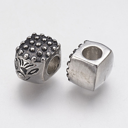 Placcatura ionica (ip) 304 perline europee in acciaio inossidabile, perline con foro grande, riccio, argento antico, 12x8x8.5mm, Foro: 4 mm