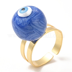 Émail rond avec anneau de manchette ouvert perlé mauvais œil, véritables bijoux en laiton plaqué 18k or véritable pour femmes, bleu, diamètre intérieur: 20 mm