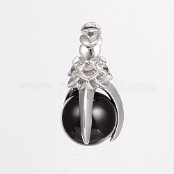 Natural Black Agate Pendants, with Brass Findings, Cadmium Free & Lead Free, Claw & Round, Platinum, 35x18mm, Hole: 5mm