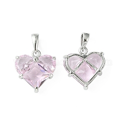 Ottone micro spianare fascino zirconi, fascino cuore, Vero platino placcato, perla rosa, 14.5x13.5x5mm, Foro: 3x2.5 mm
