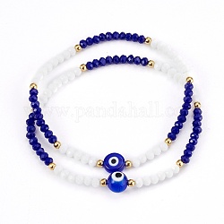 Faceted Glass Beaded Stretch Bracelets, with Evil Eye Lampwork Beads and 304 Stainless Steel Beads, Golden, Mixed Color, Inner Diameter: 2-1/8 inch(5.5cm), 2pcs/set