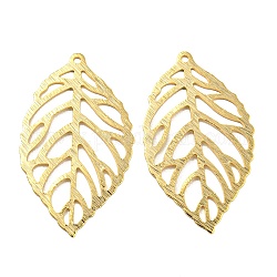Eco-friendly Brass Pendants, Cadmium Free & Lead Free, Hollow, Leaf Charm, Real 24K Gold Plated, 27x16x0.5mm, Hole: 1mm