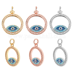Nbeads 6Pcs 3 Colors  Brass Micro Pave Cubic Zirconia Pendants, with Enamel and Jump Ring, Ring with Evil Eye, Mixed Color, 18.5x16x2mm, Hole: 3mm, 2pcs/color