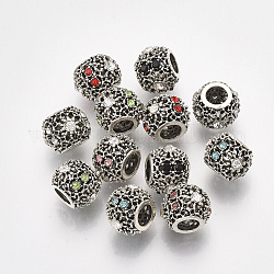 Supports de strass de perles européennes en alliage plaqué argent antique, avec des strass, Perles avec un grand trou   , rondelle, couleur mixte, convient pour strass de 0.6 mm, 11x8.5mm, Trou: 4.5mm
