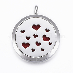316 Surgical Stainless Steel Diffuser Locket Pendants, with Perfume Pad and Magnetic Clasps, Flat Round with Heart, Stainless Steel Color, Dark Red, 37x30x6.5mm, Hole: 5mm, inner diameter: 23mm