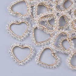 Perles de verre pendentifs, avec fils en laiton plaqué or et lunette arrière ouverte, cœur, clair, 25x27.5x3mm, Trou: 1.8mm