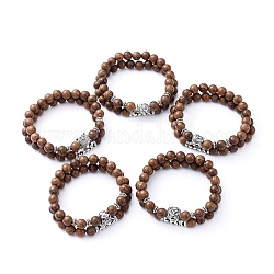 Set di bracciali elasticizzati, con perline in legno naturale e perline in lega stile tibetano, marrone noce di cocco, diametro interno: 2 pollice (5.2 cm), 2 pc / set