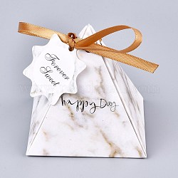 Boîte d'emballage de bonbons en forme de pyramide, coffret cadeau fête de mariage joyeux jour, avec ruban et carte papier, motif de veine de marbre, blanc, 7.5x7.5x7.6 cm