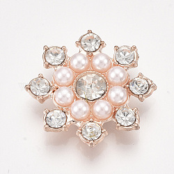 Cabochons Diamante de imitación de la aleación, con abs de plástico imitación perla, copo de nieve, cristal, oro rosa, 23x23x5.5mm
