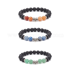 3Pcs 3 Style Natural Mixed Gemstone Round Beaded Stretch Bracelets Set with Alloy Tube for Women, Inner Diameter: 2 inch(5cm), 1Pc/style