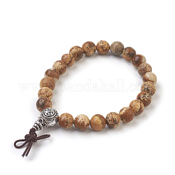 Bracelets extensibles en jaspe avec image ronde naturelle, avec des ensembles de perles d'alliage gourou, Emballage en toile de jute, argent antique, 2-1/8 pouce (5.5 cm), sac: 12x8.5x3cm