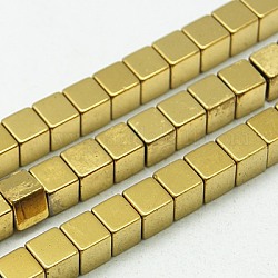 Non-magnetic Synthetic Hematite Beads Strands, Cube, Golden Plated, 2x2x2mm, Hole: 0.8mm