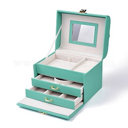 PU Leather Jewelry Organizer Box, with Wood Inside Box & Mirror, Portable Jewelry Storage Case, for Ring, Earrings and Necklace, Rectangle, Medium Aquamarine, 15x12.5x12.5cm