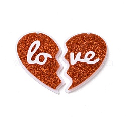 Pendentifs en acrylique, une feuille d'or, breloques de couple, coeur avec l'amour des mots, rouge-orange, 57x40x4mm, Trou: 1.5mm