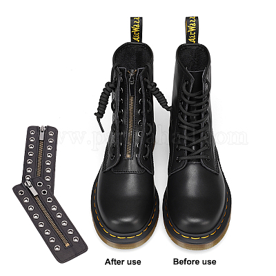 PH PandaHall Leather Lace-in Boot Zipper Inserts, 6.1 x 2.1 Inch 8 Metal  Eyelets Zipper Boot Laces Black No Tie Shoe Laces for Adults Men Women