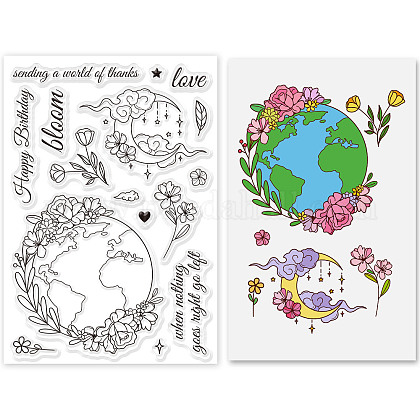 GLOBLELAND The World Earth Day Theme Clear Stamps Earth Moon Silicone Clear Stamp Seals for Cards Making DIY Scrapbooking Photo Journal Album Decor Craft DIY-WH0167-56-634-1