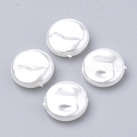 環境に優しいプラスチック模造真珠ビーズ  高い光沢  グレードA  フラットラウンド  ホワイト  10x3.5mm  穴：0.8mm MACR-T013-21-1