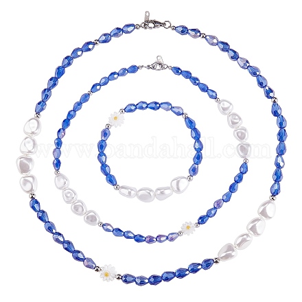 3 pièces coquille naturelle et perles en plastique fleur et colliers de perles de verre et ensemble de bracelet extensible SJEW-SW00010-03-1