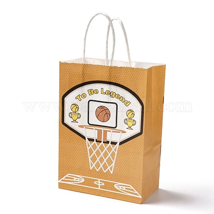 長方形の紙袋  ハンドル付き  ギフトバッグやショッピングバッグ用  スポーツのテーマ  バスケットボールの模様  ゴールデンロッド  14.9x8.1x21cm CARB-B002-06C-1