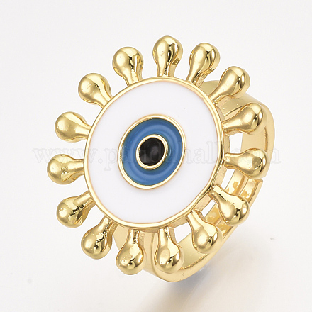 調節可能な真鍮の指指輪  エナメル  目で日  ホワイト  サイズ8  18mm RJEW-S044-056B-1