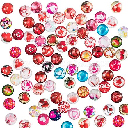 PandaHall 140pcs 70 Styles Heart Pattern Glass Cabochons 12mm Half Round Dome Cabochons Mosaic Printed Picture Tile for Valentine's Day Thanksgiving Day Necklace Jewelry Making GGLA-PH0005-12mm-06A-1