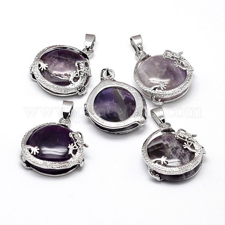 Flat Round with Dragon Platinum Plated Brass Natural Amethyst Pendants G-F228-24I-RS-1