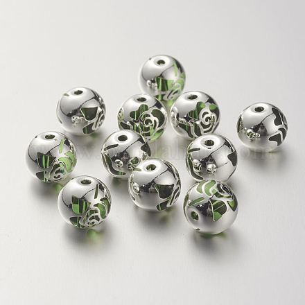 K9ガラスビーズ  真鍮で覆われた  バラ柄の丸  925銀メッキ  芝生の緑  10.2x9.2mm  穴：1.5mm X-GLAA-G067-02S-04-1