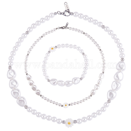3pcs colliers de perles en coquille naturelle et fleurs de perles en plastique et ensemble de bracelets extensibles SJEW-SW00010-02-1