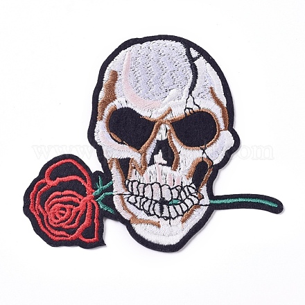 機械刺繍布地手縫い/アイロンワッペン  マスクと衣装のアクセサリー  アップリケ  バラで頭蓋骨  フローラルホワイト  86x96x1.5mm X-DIY-I016-25-1